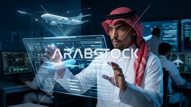 مراقب طيران سعودي يستخدم شاشة هولوغرام مستقبلية