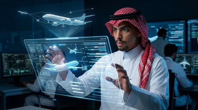مراقب طيران سعودي يستخدم شاشة هولوغرام مستقبلية