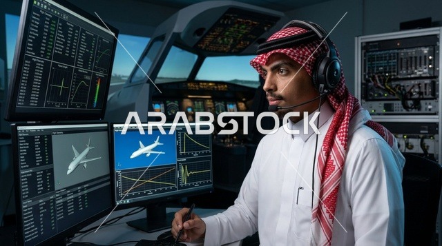 Saudi Pilot Training on Flight Simulator with Headset