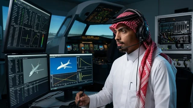 طيار سعودي يتدرب على محاكي الطيران بالزي التقليدي