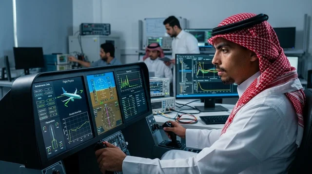 مهندس طيران سعودي يشغل محاكي الطيران في المختبر