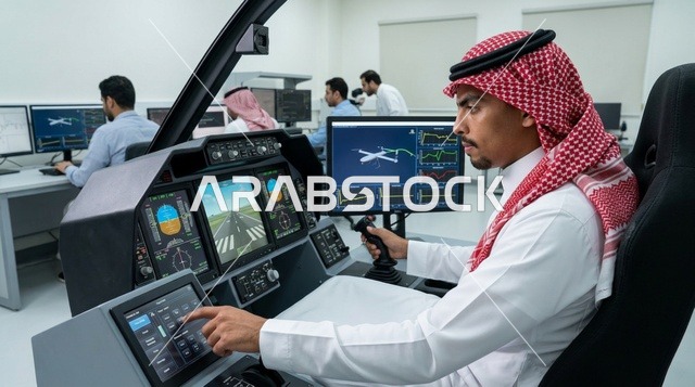 Saudi Engineer Operating Drone Flight Simulator Cockpit