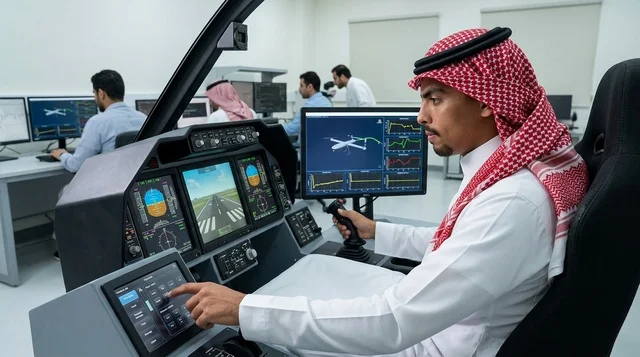 مهندس سعودي يرتدي الزي التقليدي يشغل محاكي طيران
