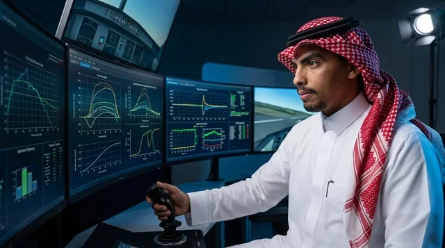 رجل سعودي بالزي التقليدي في غرفة محاكاة الطيران