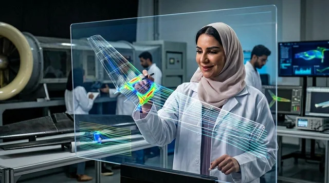 مهندسة فضاء سعودية تحلل نموذج جناح تفاعلي في المختبر