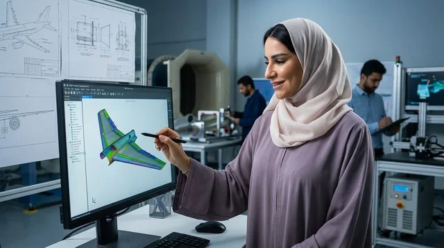 مهندسة طيران عربية تصمم نموذج طائرة في مختبر تقني