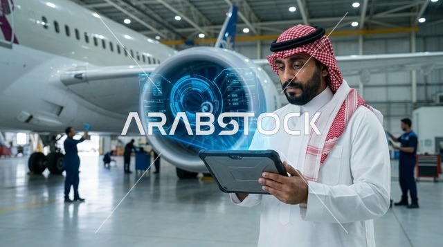 مهندس طيران سعودي مع جهاز لوحي في حظيرة الطائرات