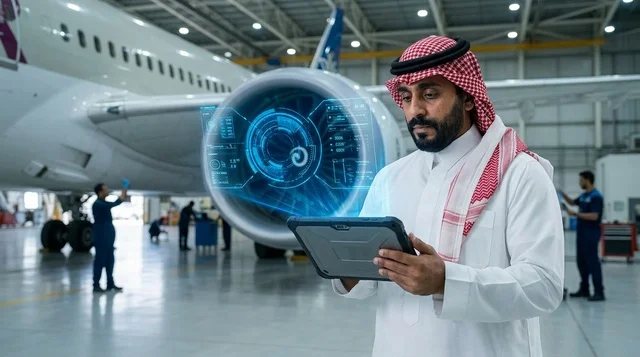 مهندس طيران سعودي مع جهاز لوحي في حظيرة الطائرات