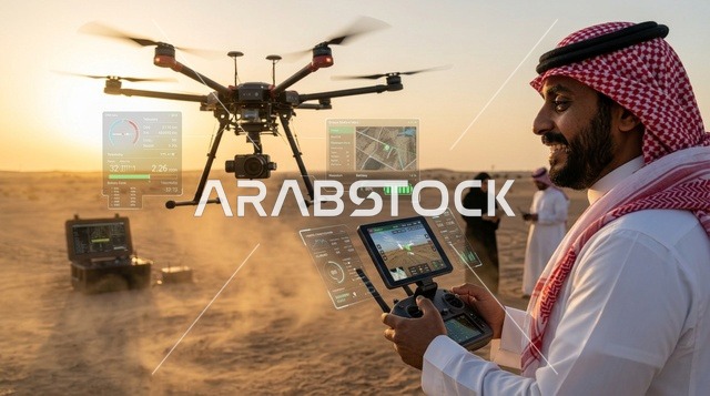 رجل سعودي يتحكم بطائرة درون في الصحراء وقت الغروب