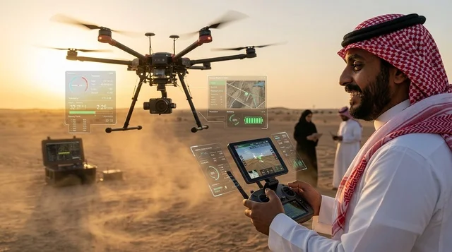رجل سعودي يتحكم بطائرة درون في الصحراء وقت الغروب