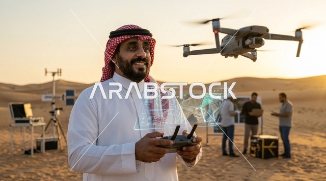 مهندس سعودي يشغل طائرة درون بالتحكم عن بعد في الصحراء