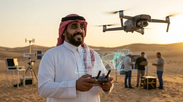 مهندس سعودي يشغل طائرة درون بالتحكم عن بعد في الصحراء