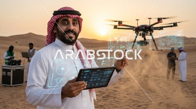 رجل سعودي يتحكم بطائرة درون في الصحراء عند الغروب