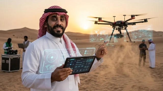 رجل سعودي يتحكم بطائرة درون في الصحراء عند الغروب