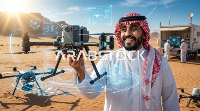 رجل سعودي يحمل طائرة بدون طيار بالصحراء مع واجهة ذكية