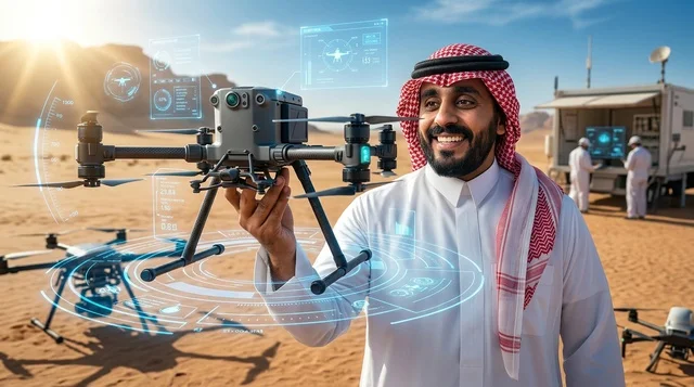رجل سعودي يحمل طائرة بدون طيار بالصحراء مع واجهة ذكية