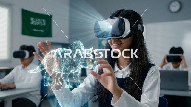 Saudi Schoolgirl Using VR Headset in Classroom Saudi Arabia