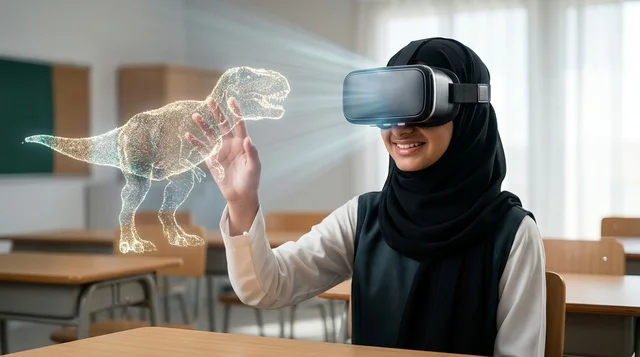 طالبة عربية بالحجاب تستخدم نظارة الواقع الافتراضي