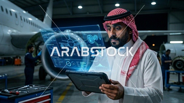 مهندس طيران سعودي مع شاشة هولوجرام في الحظيرة