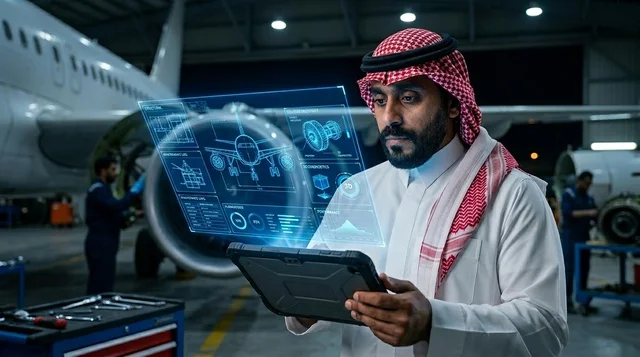 مهندس طيران سعودي مع شاشة هولوجرام في الحظيرة