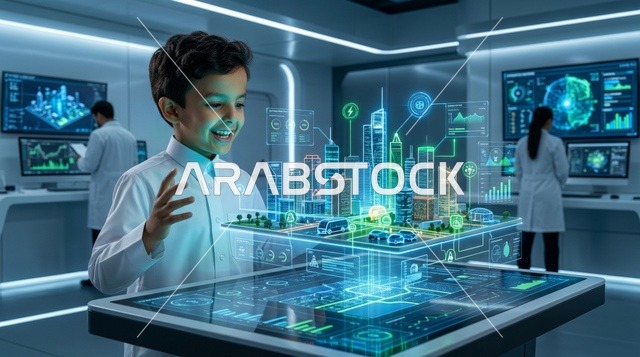 طفل سعودي يتفاعل مع هولوجرام المدينة الذكية المستقبلية