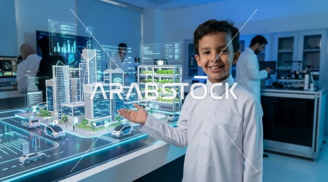 طفل سعودي مع هولوجرام لمدينة ذكية مستقبلية في مختبر