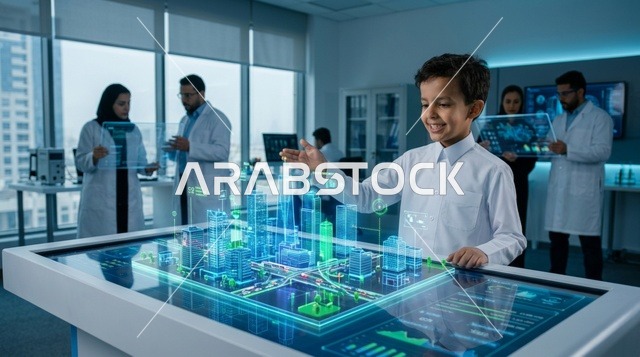 Saudi Boy Interacting with Smart City Hologram in Lab