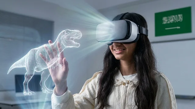 Saudi Girl Interacting with VR Hologram in Classroom