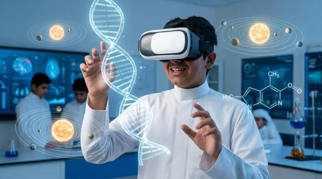 Saudi Student Using VR Headset in Future Science Lab