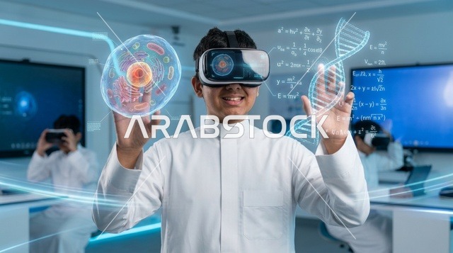 Saudi Student in Thobe Using VR Headset in Science Lab