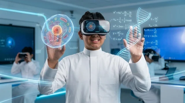 Saudi Student in Thobe Using VR Headset in Science Lab