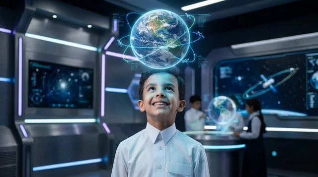 Saudi Boy in Thobe Looking at Futuristic Earth Hologram