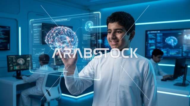 طفل سعودي يتفاعل مع شاشة هولوغرام ثلاثية الأبعاد للمخ