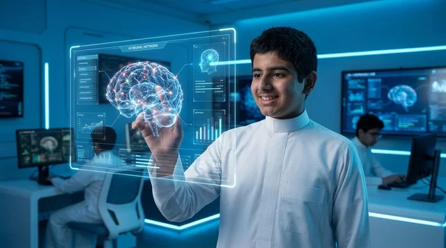 Saudi Boy Interacting with Holographic Brain Interface