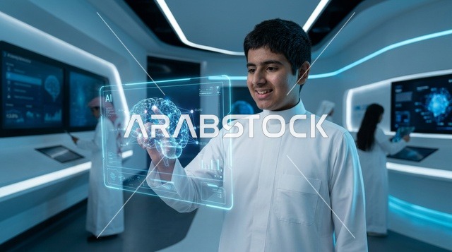 صبي سعودي بالثوب التقليدي يتفاعل مع هولوغرام دماغ
