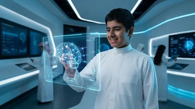 صبي سعودي بالثوب التقليدي يتفاعل مع هولوغرام دماغ