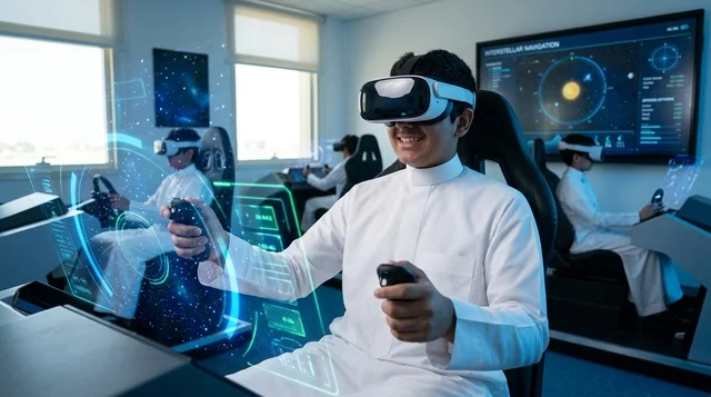 Saudi Students in Thobes Wearing VR Headsets in Simulator
