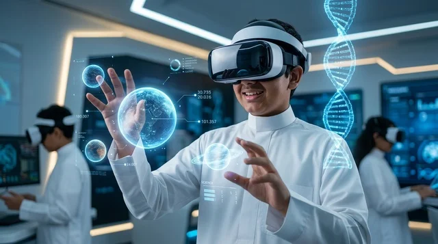 Saudi Boy in Traditional Thobe Using VR Headset in Tech Lab