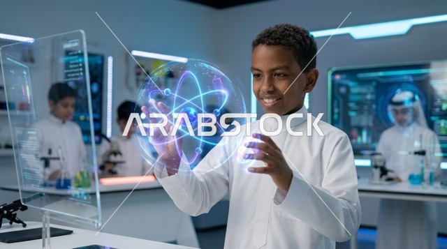 Saudi Boy Interacting with Atom Hologram in Science Lab
