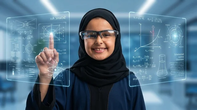 طفلة سعودية مع شاشة هولوغرام للتعليم الرقمي الحديث
