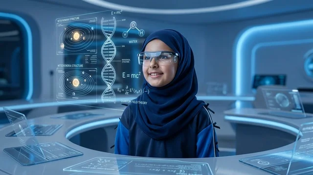 طالبة سعودية ترتدي الحجاب في مختبر العلوم الرقمي المستقبلي