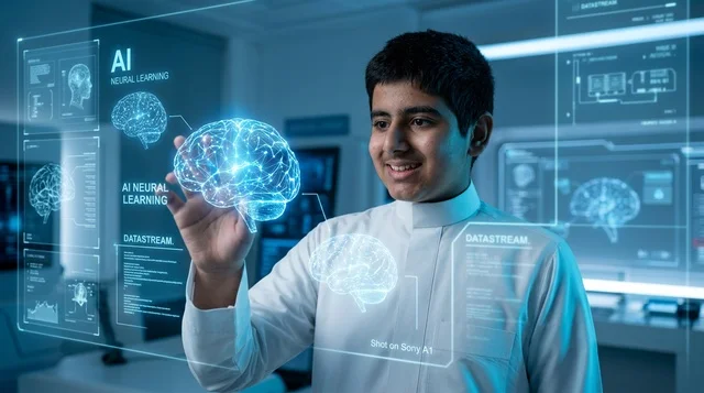 فتى سعودي يتفاعل مع شاشة هولوغرام للدماغ البشري