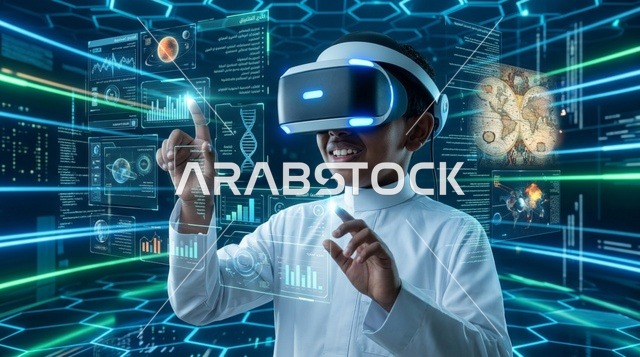Saudi Boy Wearing VR Headset Interacting with Holograms