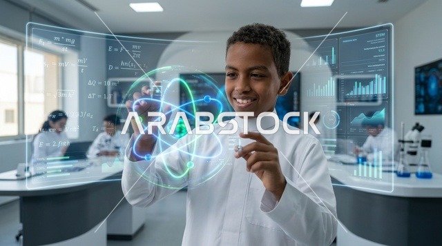 Saudi Schoolboy Interacting with Science Lab Hologram