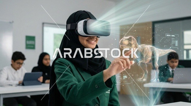 طالبة سعودية ترتدي نظارة واقع افتراضي في فصل دراسي