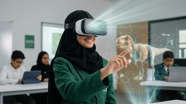 طالبة سعودية ترتدي نظارة واقع افتراضي في فصل دراسي