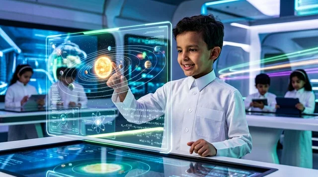 Saudi Boy Interacting with Holographic Solar System