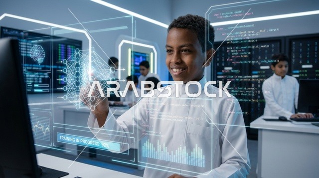 Saudi Boy Interacting with AI Hologram in School Lab