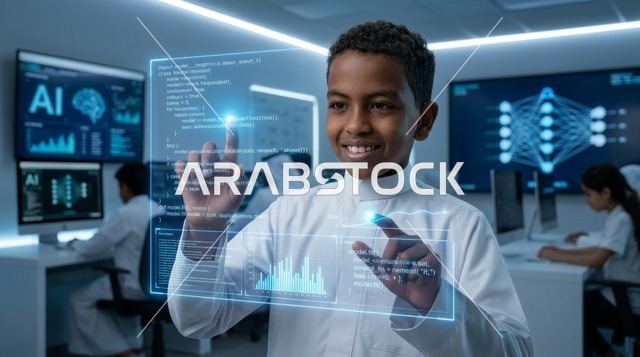 طفل سعودي بالثوب يتفاعل مع شاشة ذكاء اصطناعي