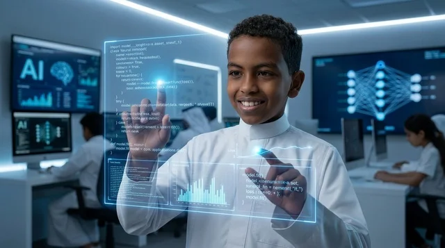طفل سعودي بالثوب يتفاعل مع شاشة ذكاء اصطناعي
